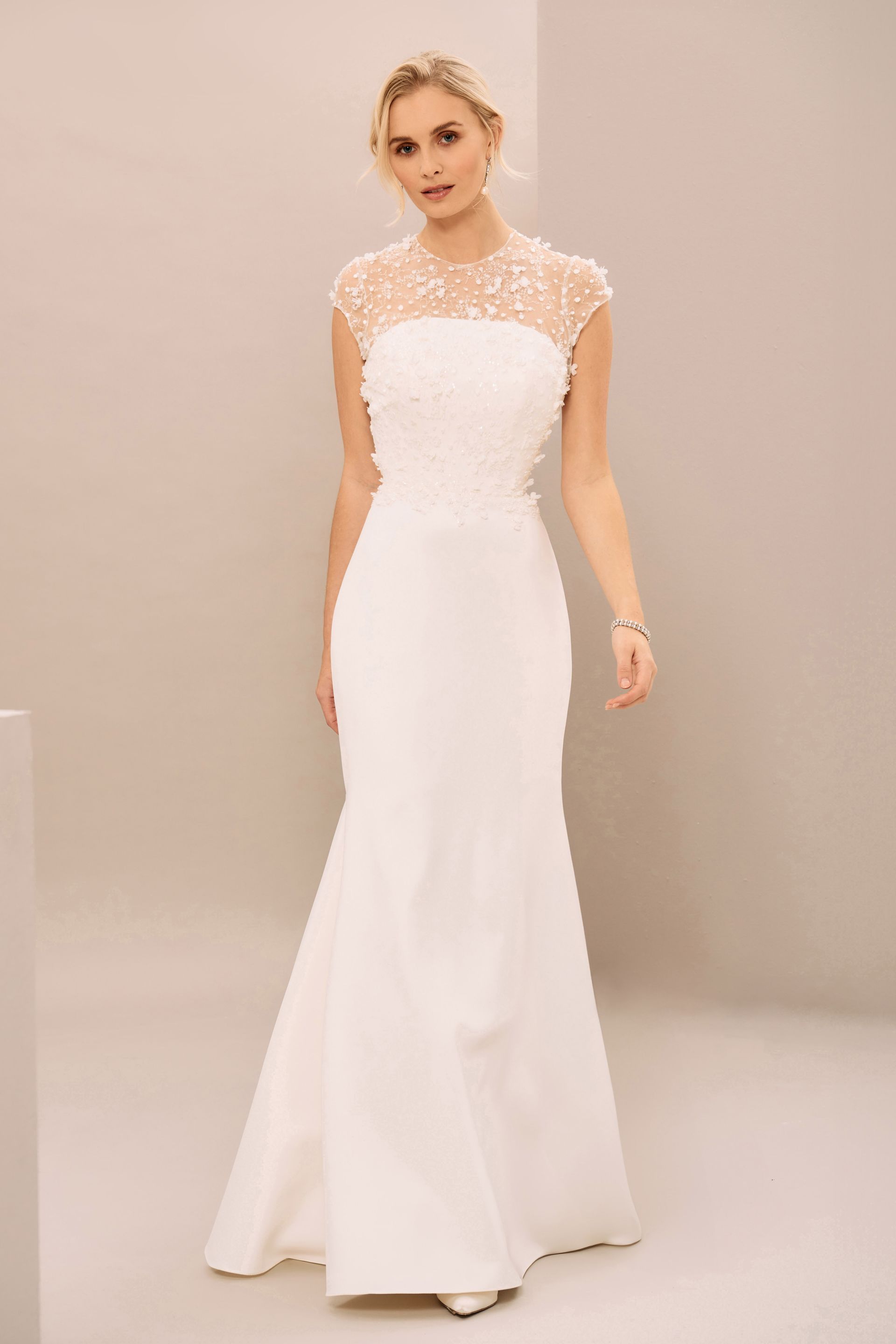 A full-length, off-white, floor-length wedding dress with a lace-appliqued bodice, cap sleeves, and a simple flared skirt.