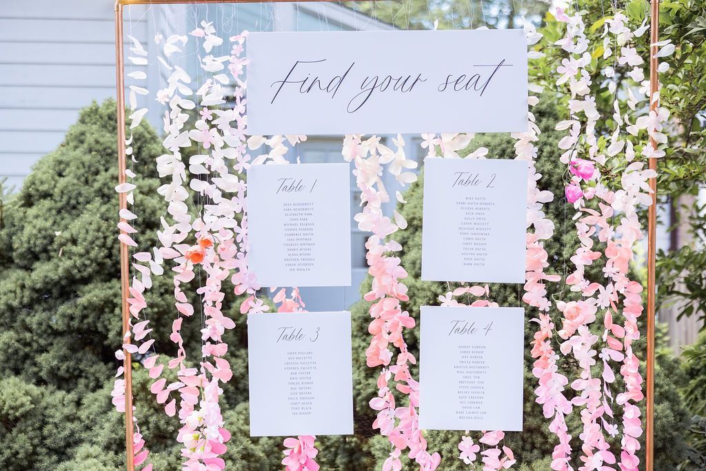 A wedding seating chart sign hanging from a copper frame, surrounded by cascading pink and white flower garlands.