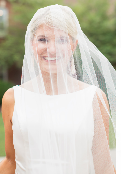 A smiling person wearing a white dress and a sheer wedding veil draped over their face outdoors.