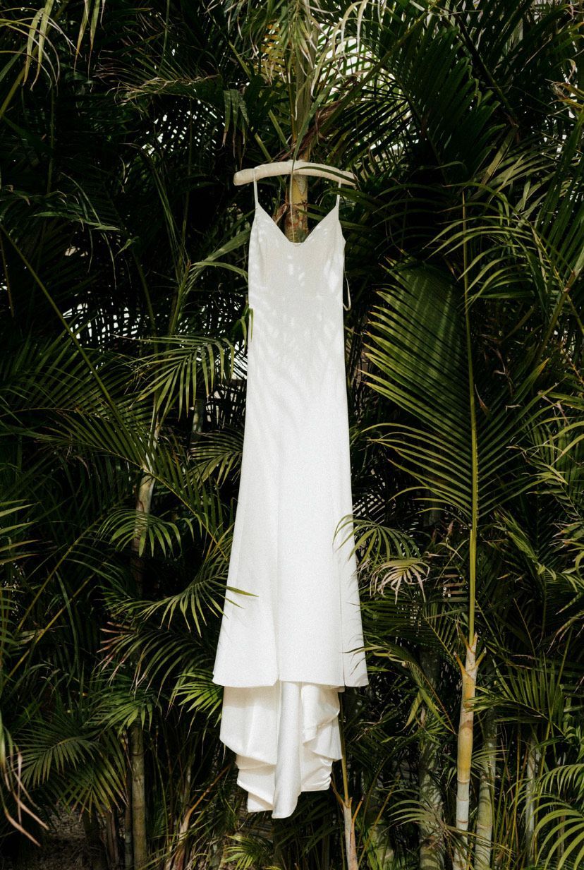A simple white floor-length wedding dress hangs on a hanger suspended in front of lush, green palm fronds.