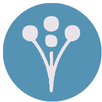 A light blue circle containing a white stylized icon of a three-stemmed plant with rounded, bulb-like tips.
