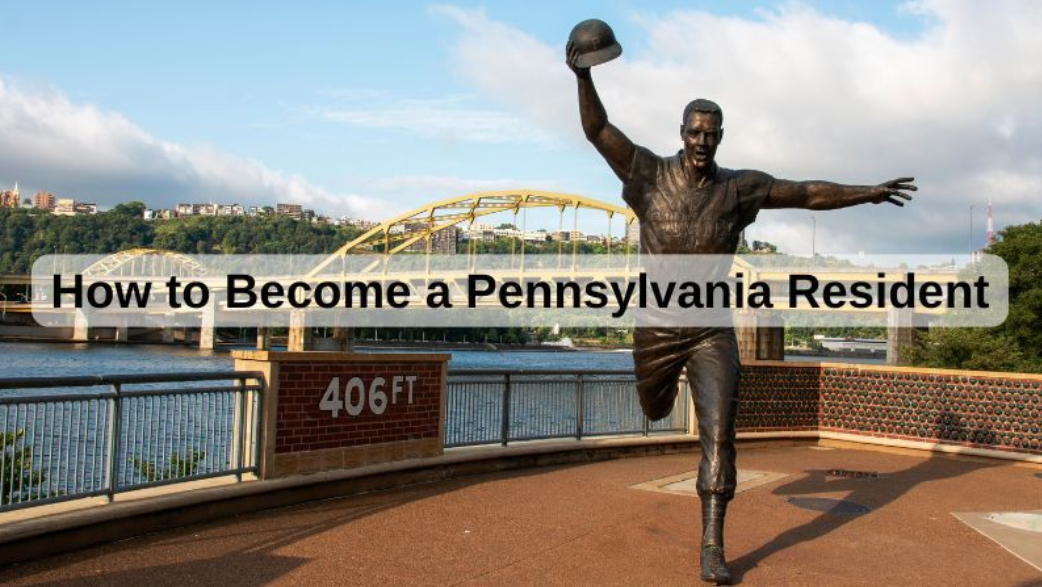 A statue of a baseball player with the words how to become a pennsylvania resident below it