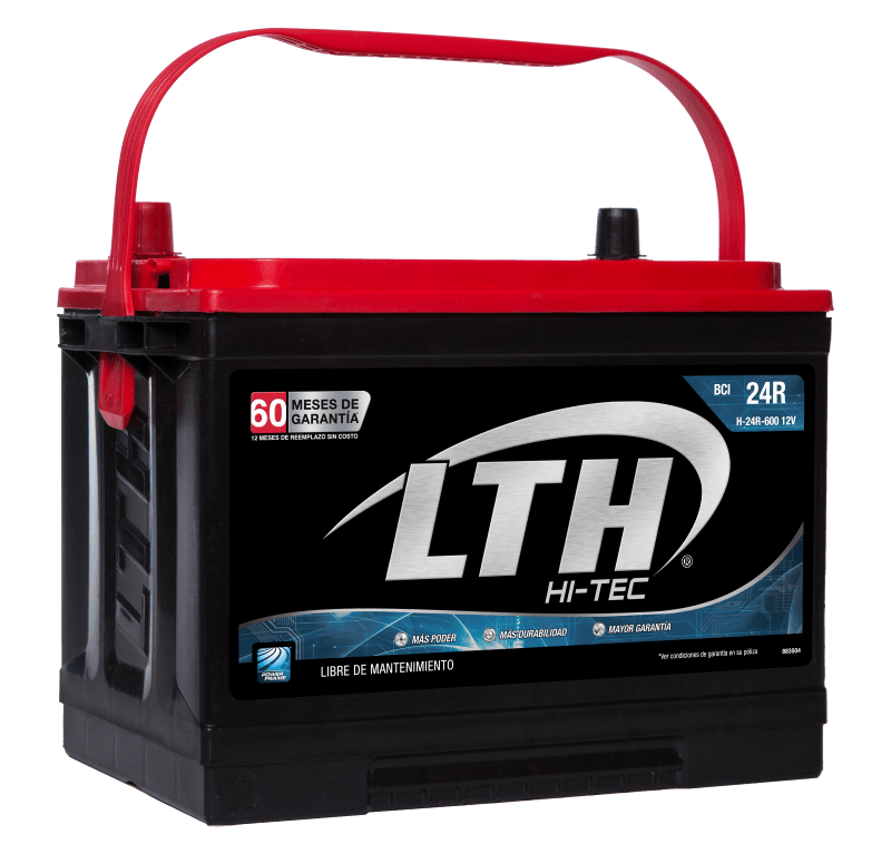 Batería de coche LTH Hi-Tec negra y roja con asa. La etiqueta indica 