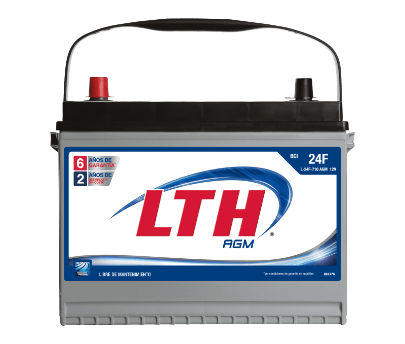 Batería automotriz LTH gris con tapa negra, terminales rojos y negros, y asa de transporte. 