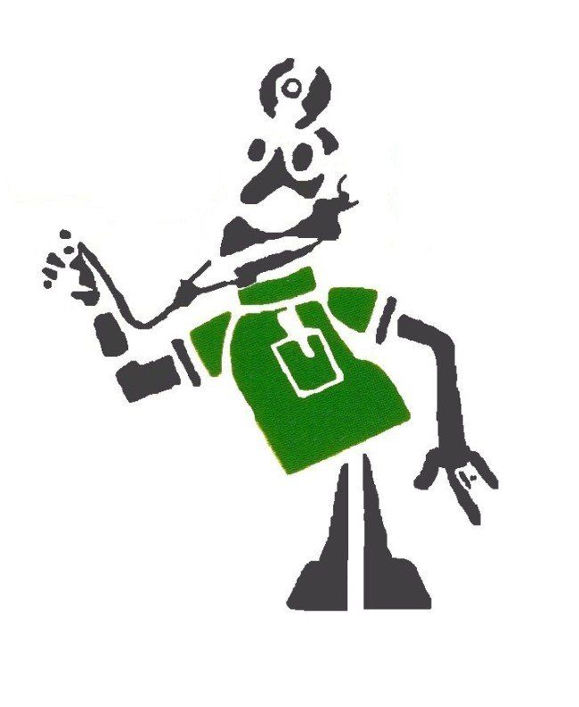 a black and white drawing of a robot with a green shirt