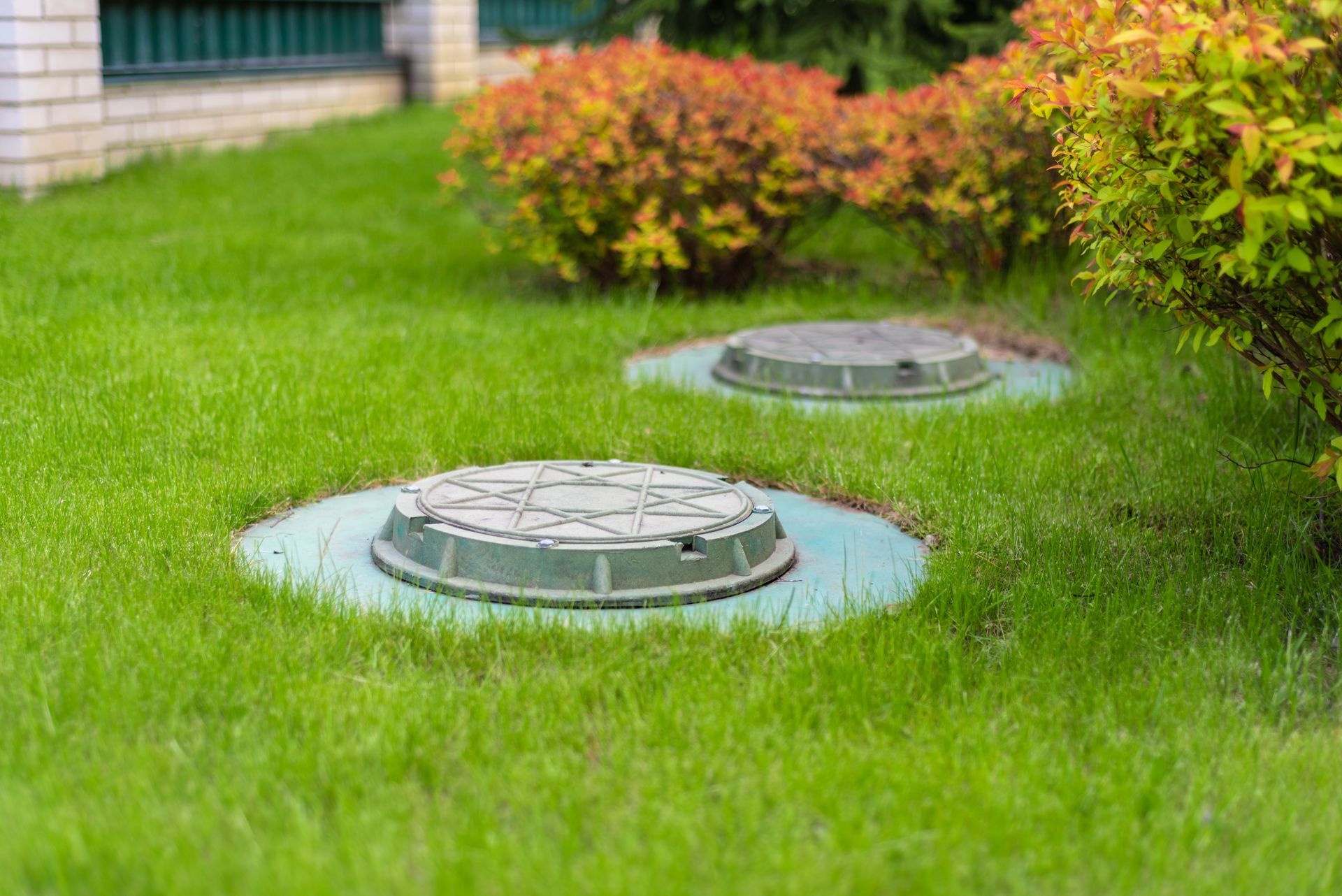 Two round utility manhole covers set in green grass beside shrubs and a building wall.