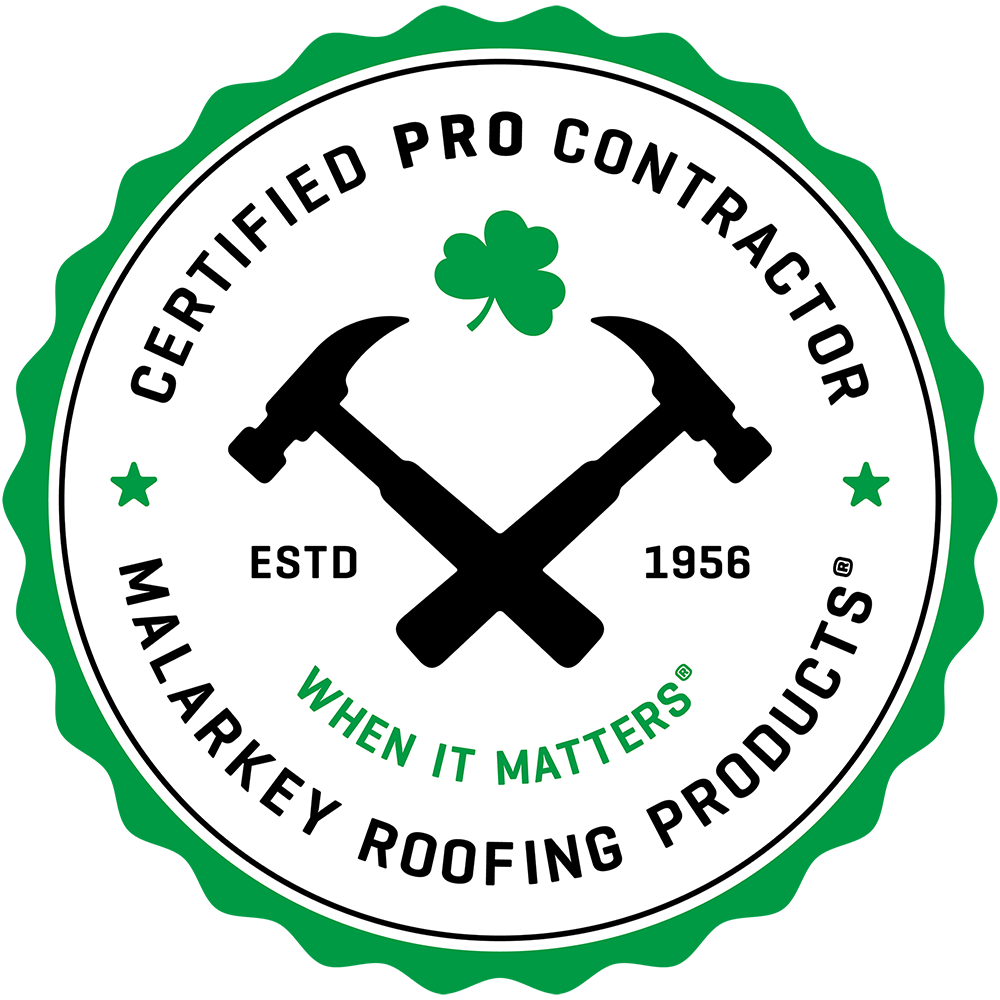 Malarkey Roofing Products certified pro contractor logo with crossed hammers and green clover