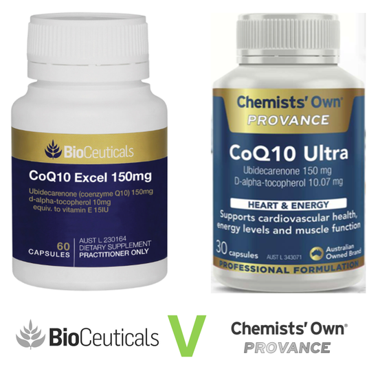 A bottle of coq10 excel 150mg next to a bottle of coq10 ultra