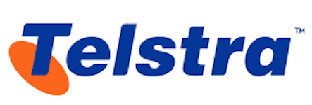 A blue and orange telstra logo on a white background