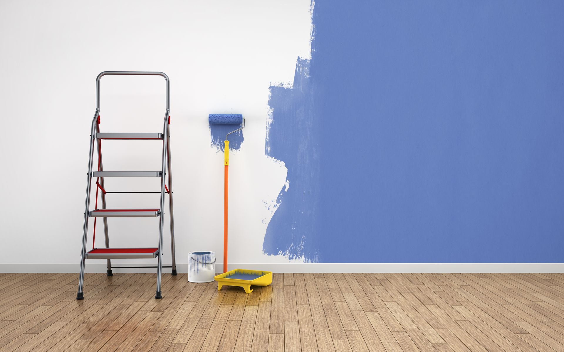 A truck is parked in front of a house being painted.