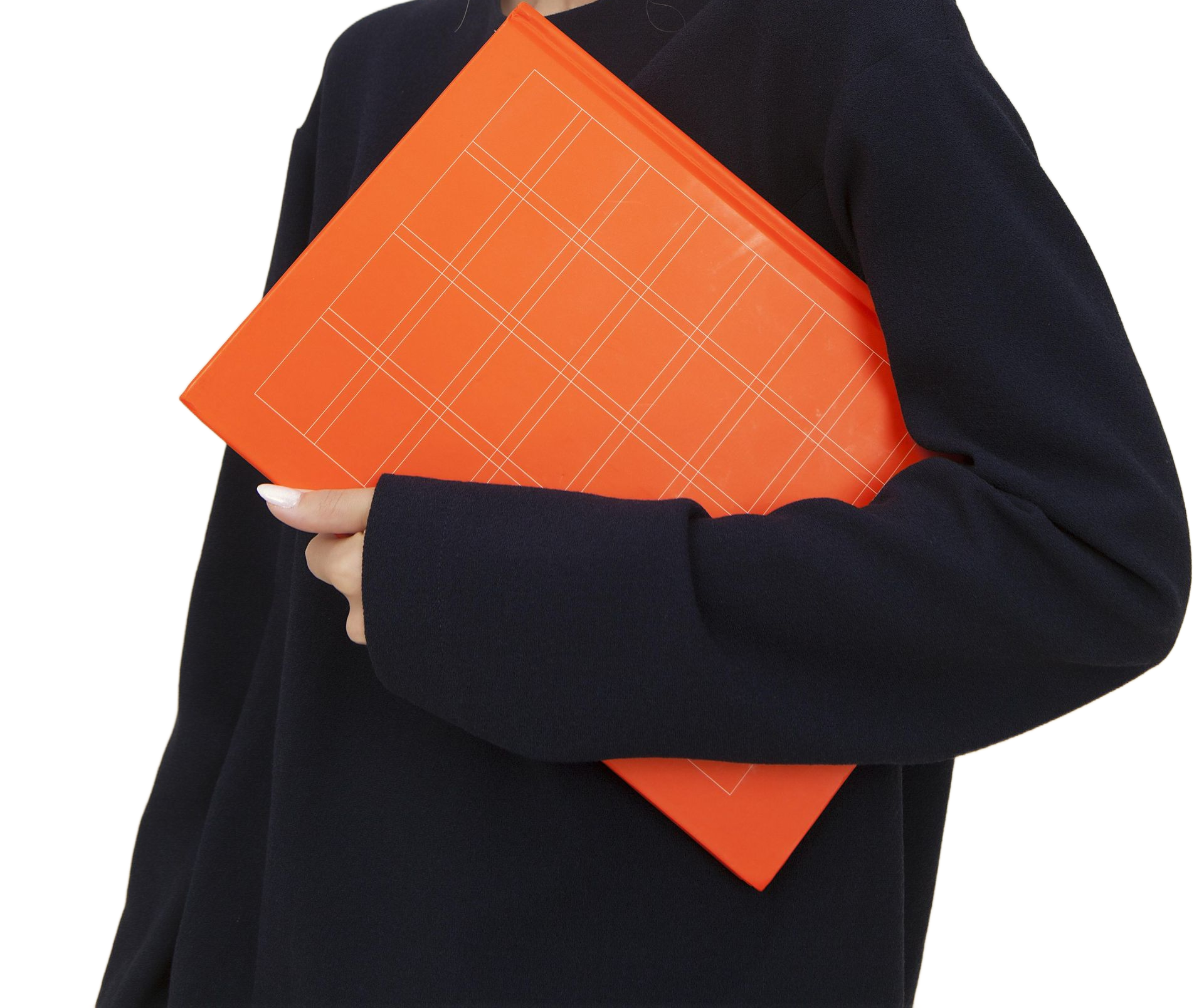 Woman with blonde hair smiles, holding an orange folder, wearing a dark blue sweater.