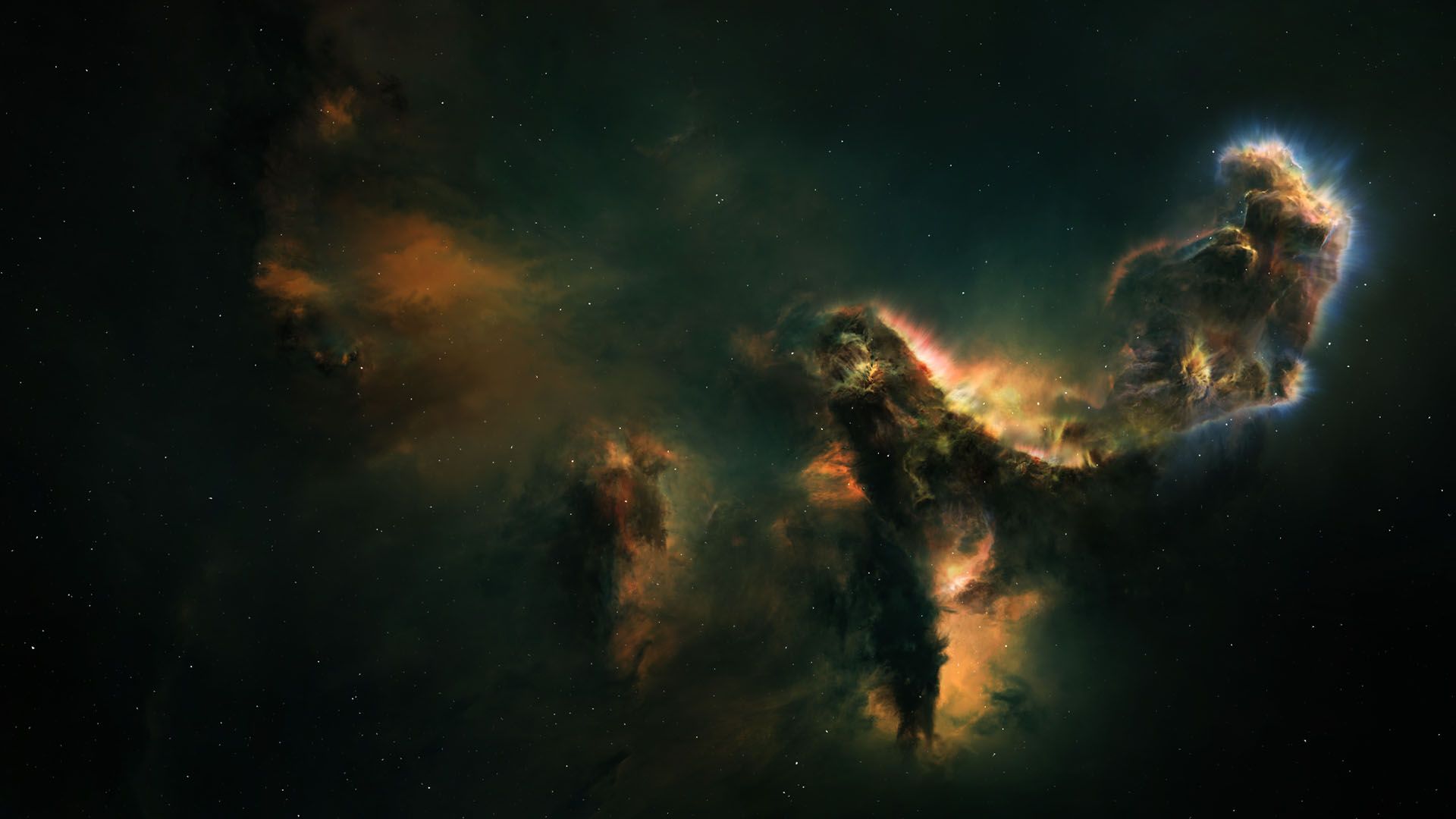 Space strategy game background featuring a grand-scale nebula with swirling clouds in vibrant orange, green, and cosmic tones