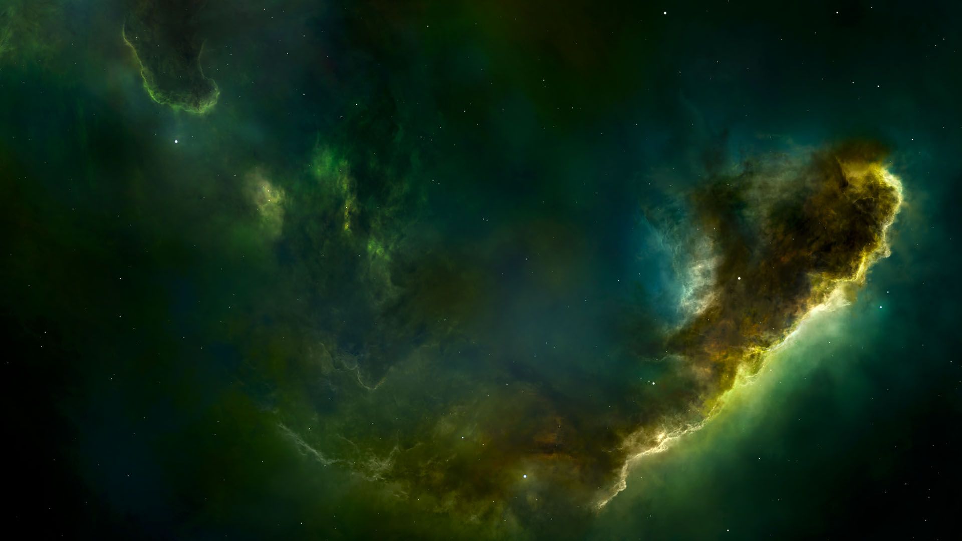 Vibrant space nebula with swirling green, gold, and blue cosmic gas clouds illuminated against a dark starry background