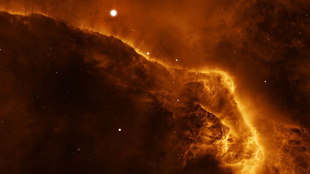 Background artwork for a space strategy game showing a vibrant orange nebula with swirling cosmic clouds and glowing stars