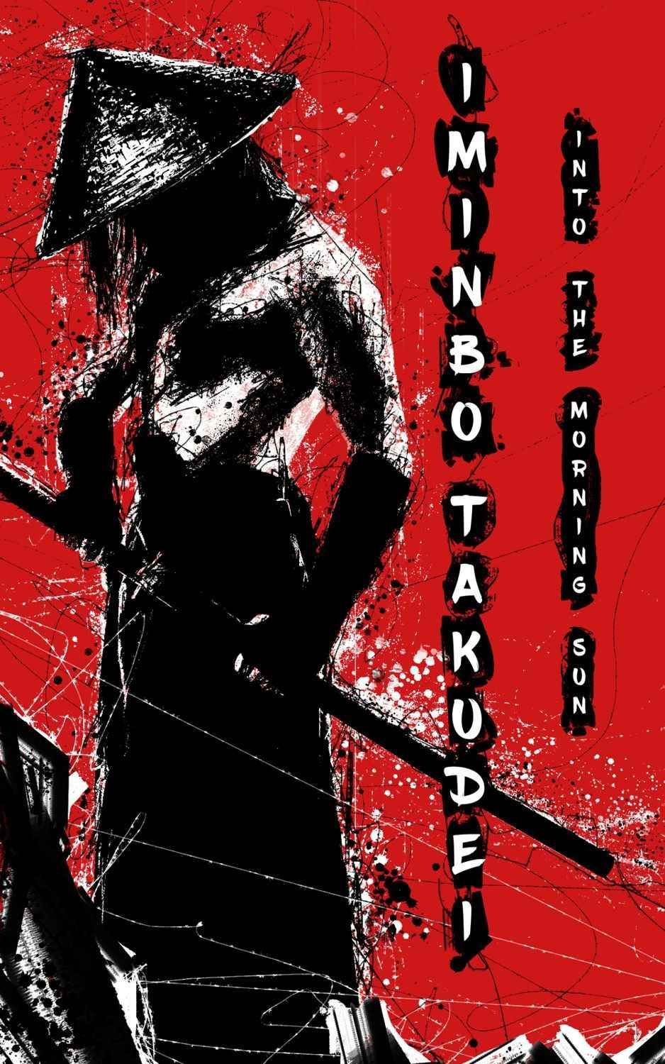 Into the Morning Sun by Iminbo Takudei, a stylized red, black, and white cover featuring an ink-style samurai drawing a sword