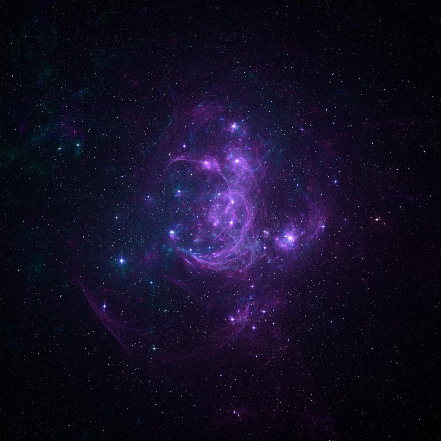 Purple and blue spiral galaxy with bright stars and cosmic gas clouds swirling against deep space background