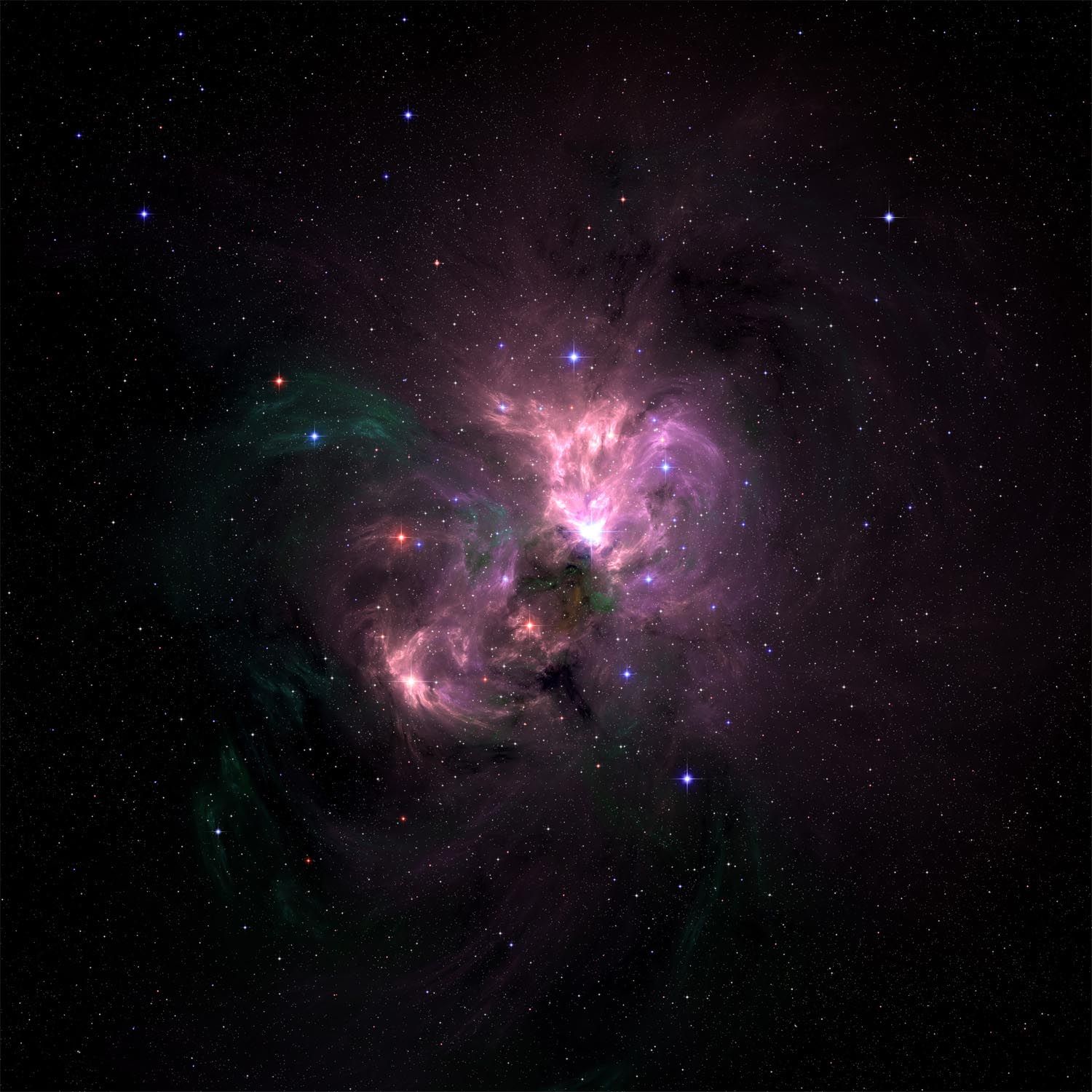 Vibrant space scene of stars and glowing gas clouds in reds and purples set against the dark expanse of the cosmos