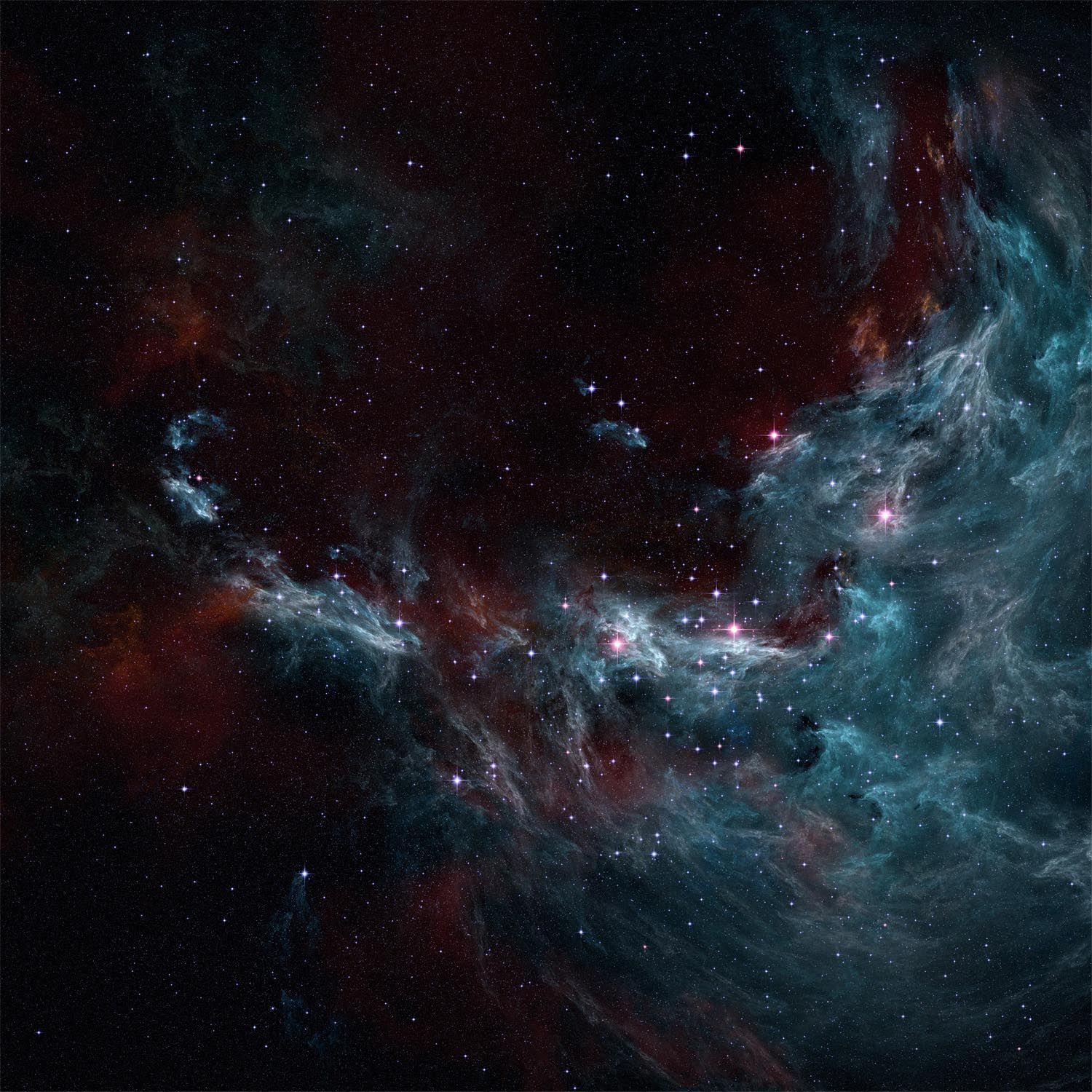 Colorful space nebula with bright stars and swirling gas clouds in vibrant reds, blues, and purples against the dark cosmos