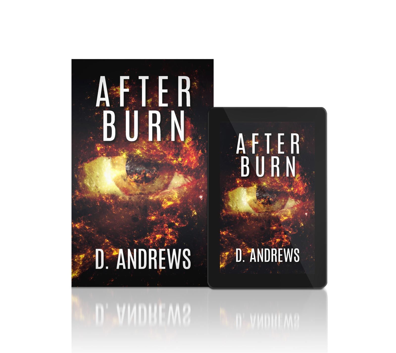 Cover of Afterburn showing a flaming eye in space with a burned planet in its pupil against a dark starry background