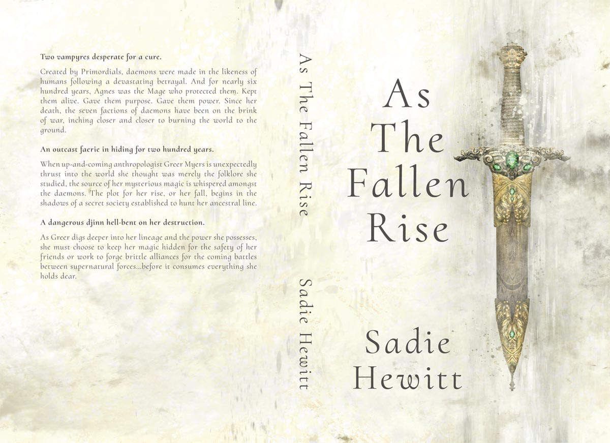 Cover of As the Fallen Rise featuring a minimalist design with an ornamental dagger adorned with gems pointing downward