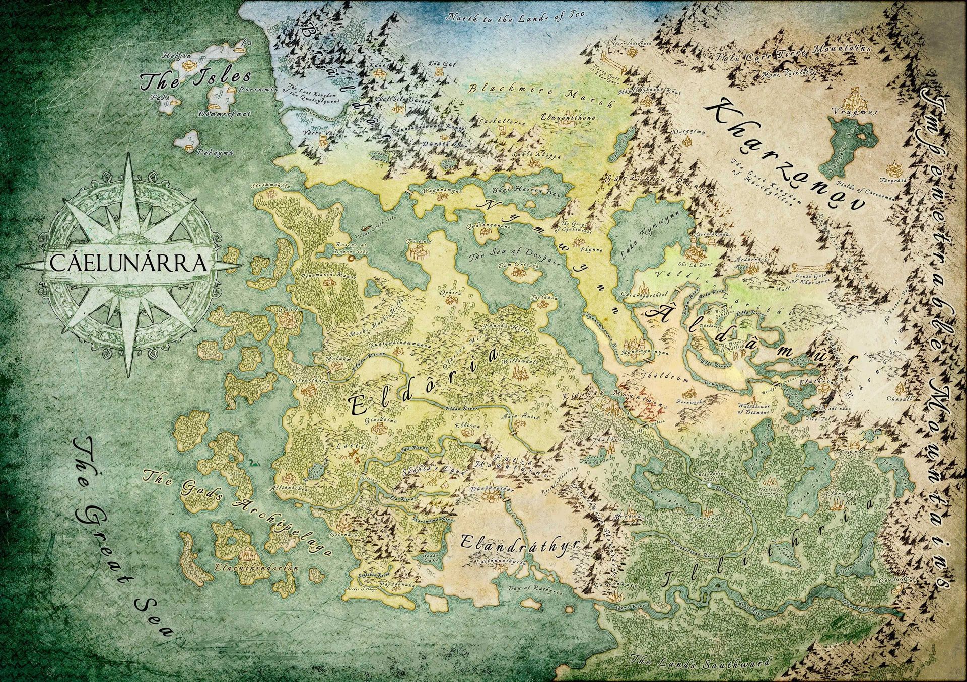 Map illustration of Caelunarra handmade by Daniel Schmelling made for the author Scott Hatfield.