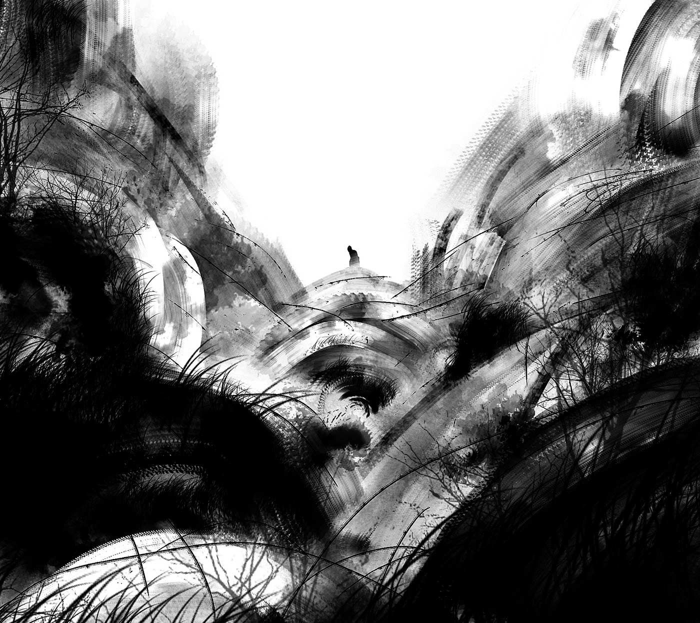 Brush-stroke illustration of rolling grassy hills with a small figure kneeling in agony, evoking isolation and emotion