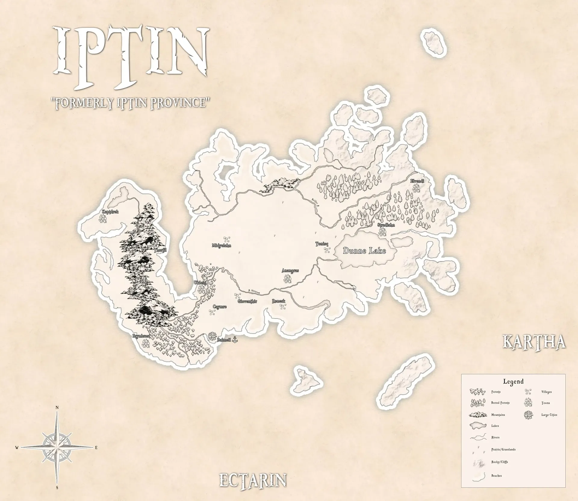 Fantasy map of Iptin with mountains, forests, rivers, and labeled regions in a detailed illustrated style