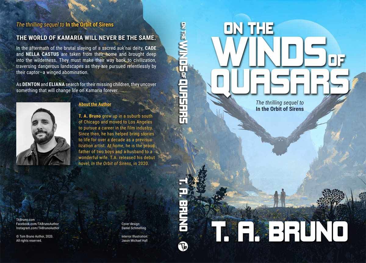 Cover of On the Winds of Quasars showing two figures beneath a large alien bird flying overhead against a blue sky
