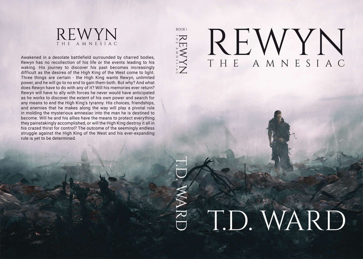 Cover of Rewyn The Amnesiac showing a lone figure in a misty, dramatic fantasy landscape with muted tones