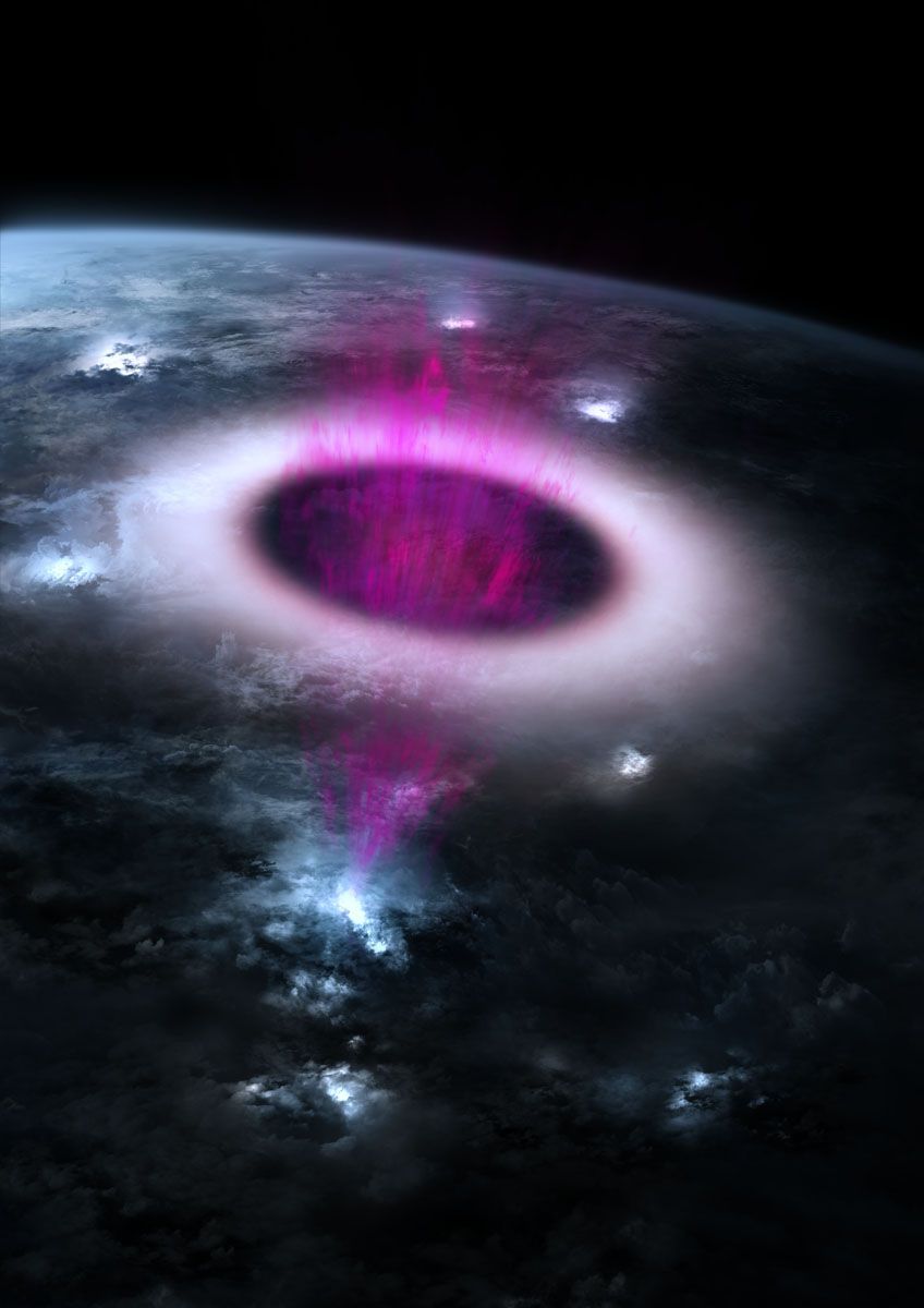 Red sprites and elves glowing violet above a massive thunderstorm in Earth's upper atmosphere viewed from space