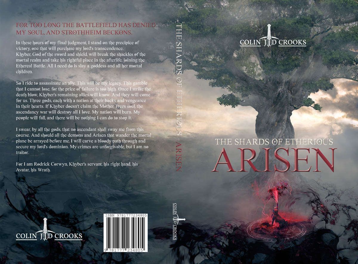 Cover of Shards of Etherious showing a bald figure in a red cape raising a sword amid dark fantasy elements