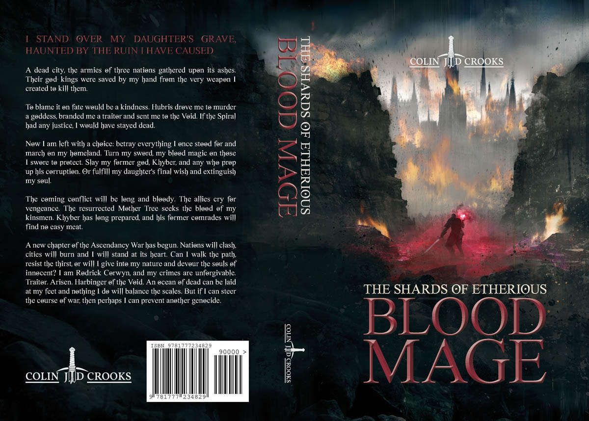 Cover of Shards of Etherious: Blood Mage showing a dark fantasy scene with a hooded mage wielding glowing magic shards