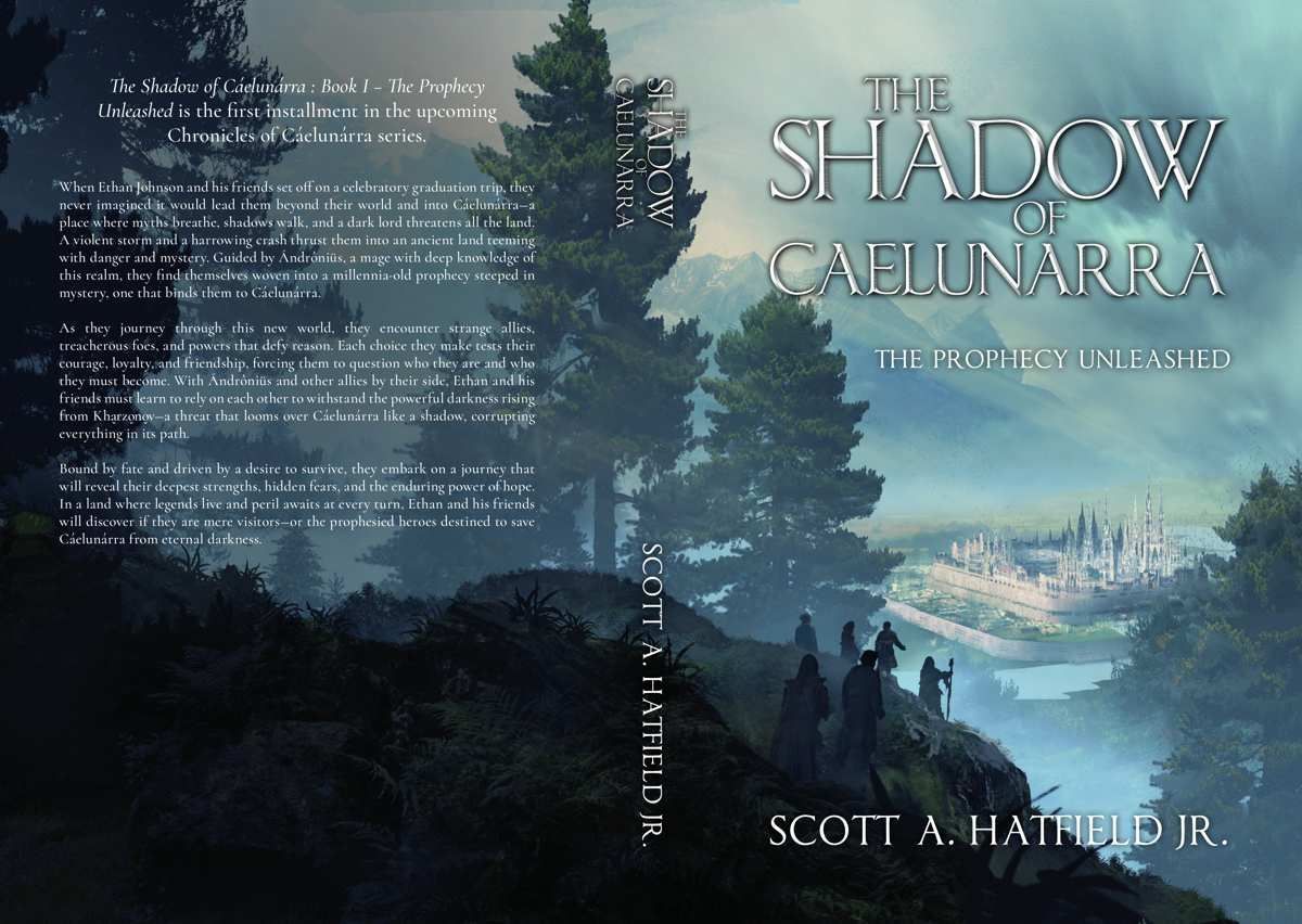 Cover of The Shadow of Caelunarra by Scott A. Hatfield Jr. showing a forest landscape with a distant large fantasy city