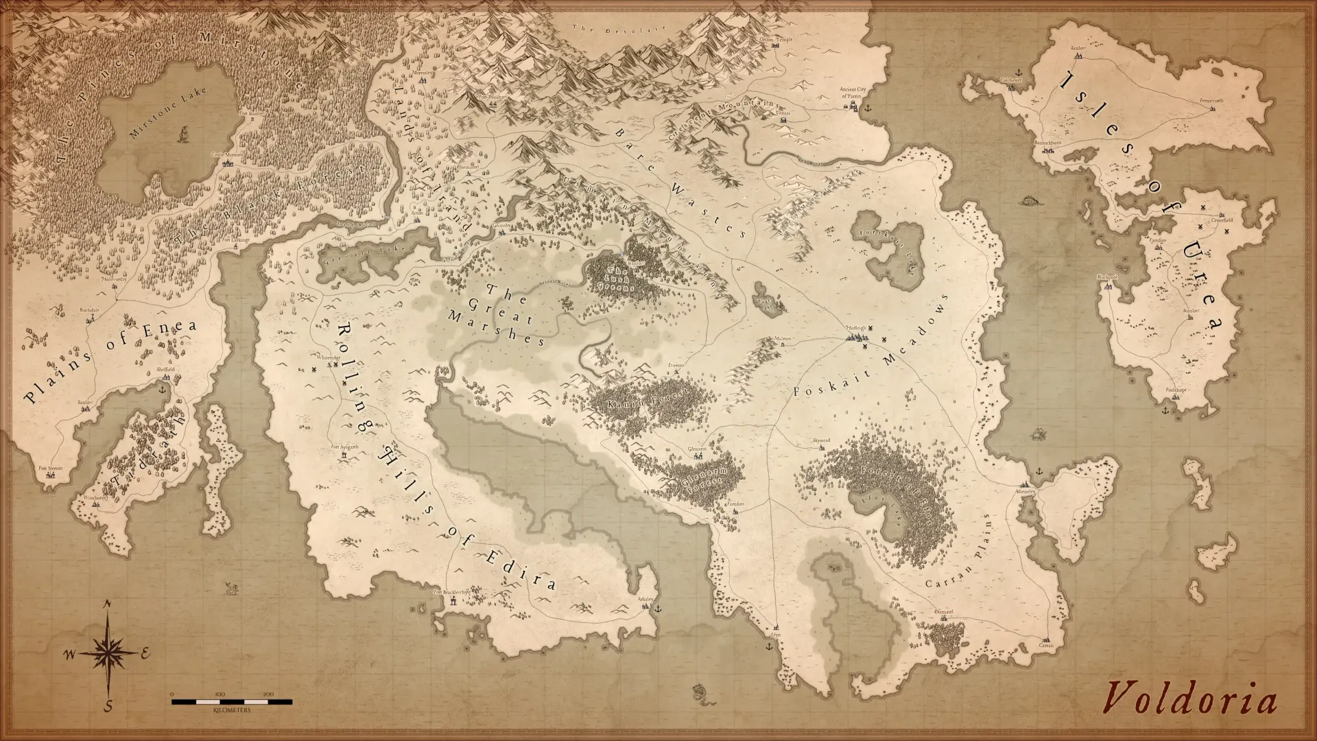 Fantasy map of Voldoria showing mountains, forests, rivers, and labeled regions in a detailed hand-drawn two colour style
