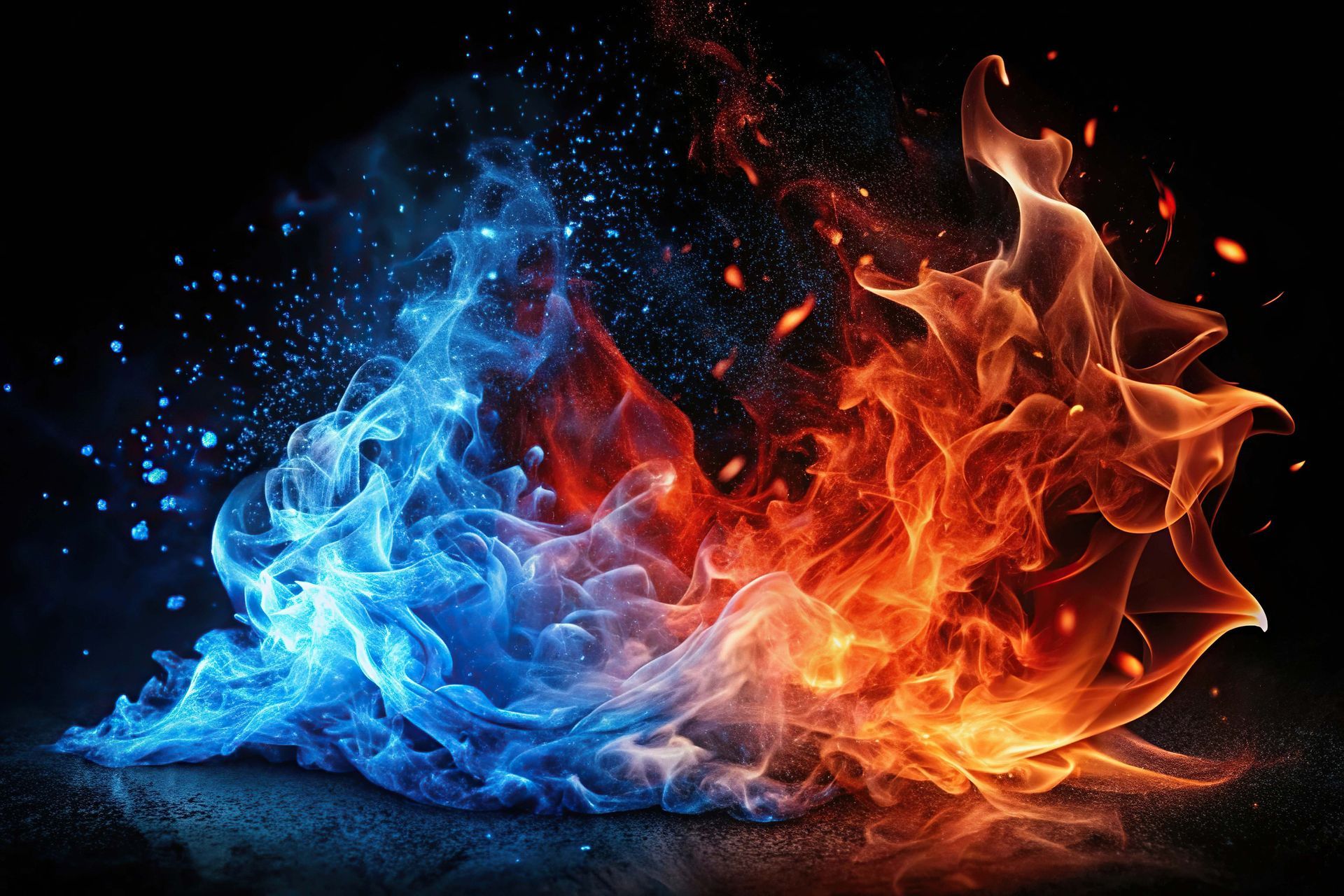 Un feu rouge et bleu sur fond noir.
