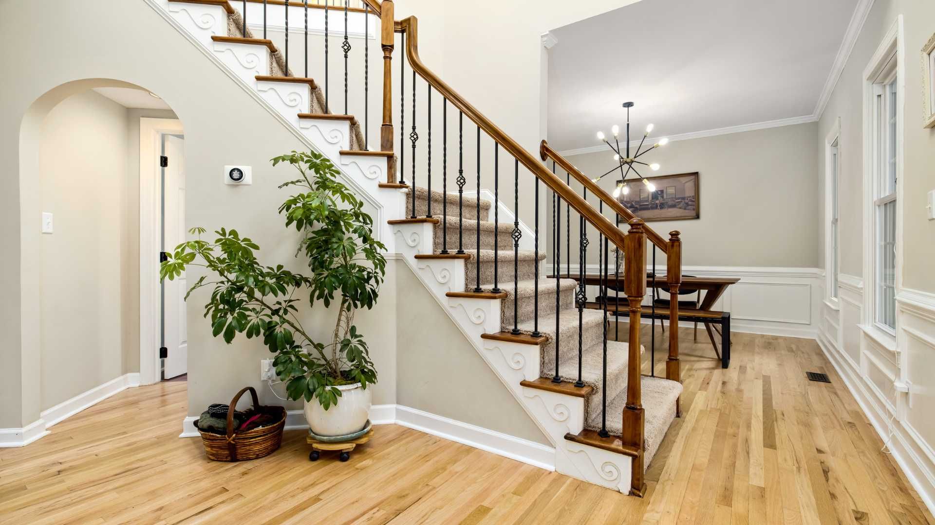 Entryway with hardwood floors, staircase with black spindles, and a large houseplant.