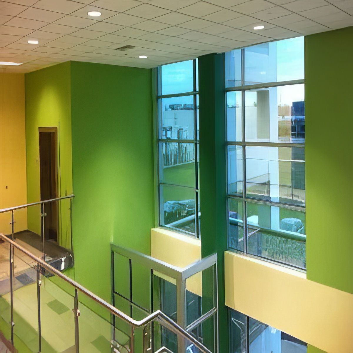 Interior view of a building with lime green and yellow walls, glass windows, and a staircase with metal railings.