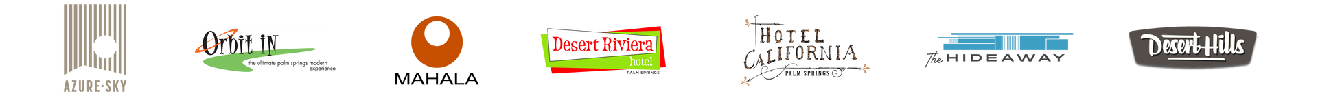 A row of small, colorful logos with various shapes and text on a white background.