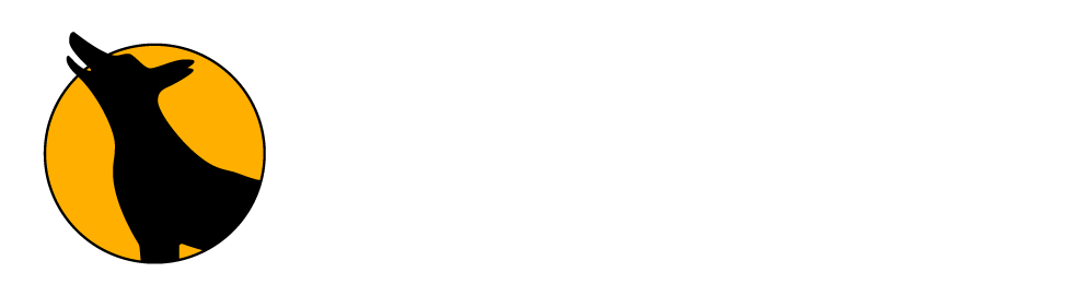 Silhouette of a howling coyote in a yellow circle.