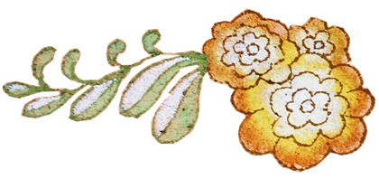 Floral illustration of yellow and white flowers and green leaves.