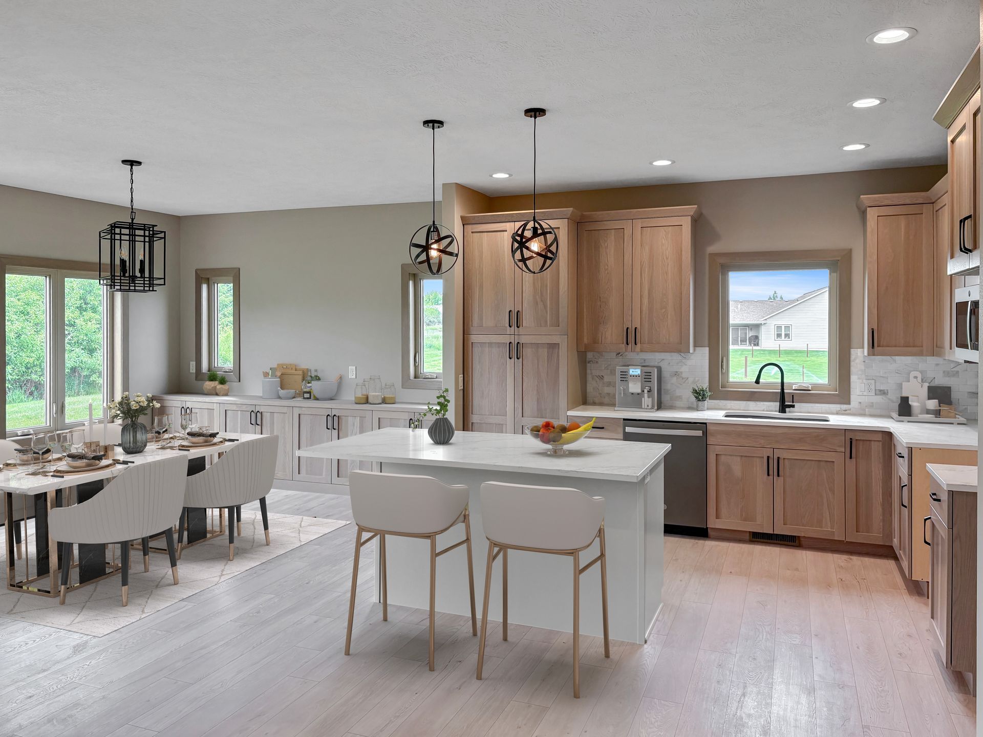 Outdoor patio with a dining table, grill, and open kitchen.