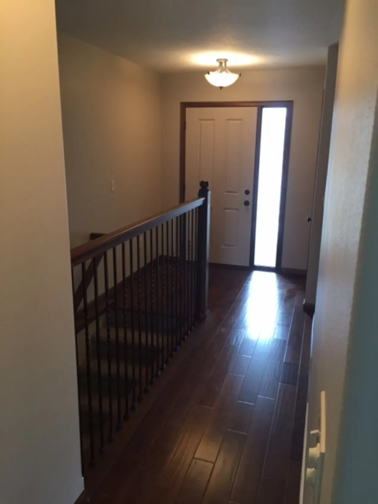 Hallway with wood floors, stairs to the left, and a front door with sidelight at the end.
