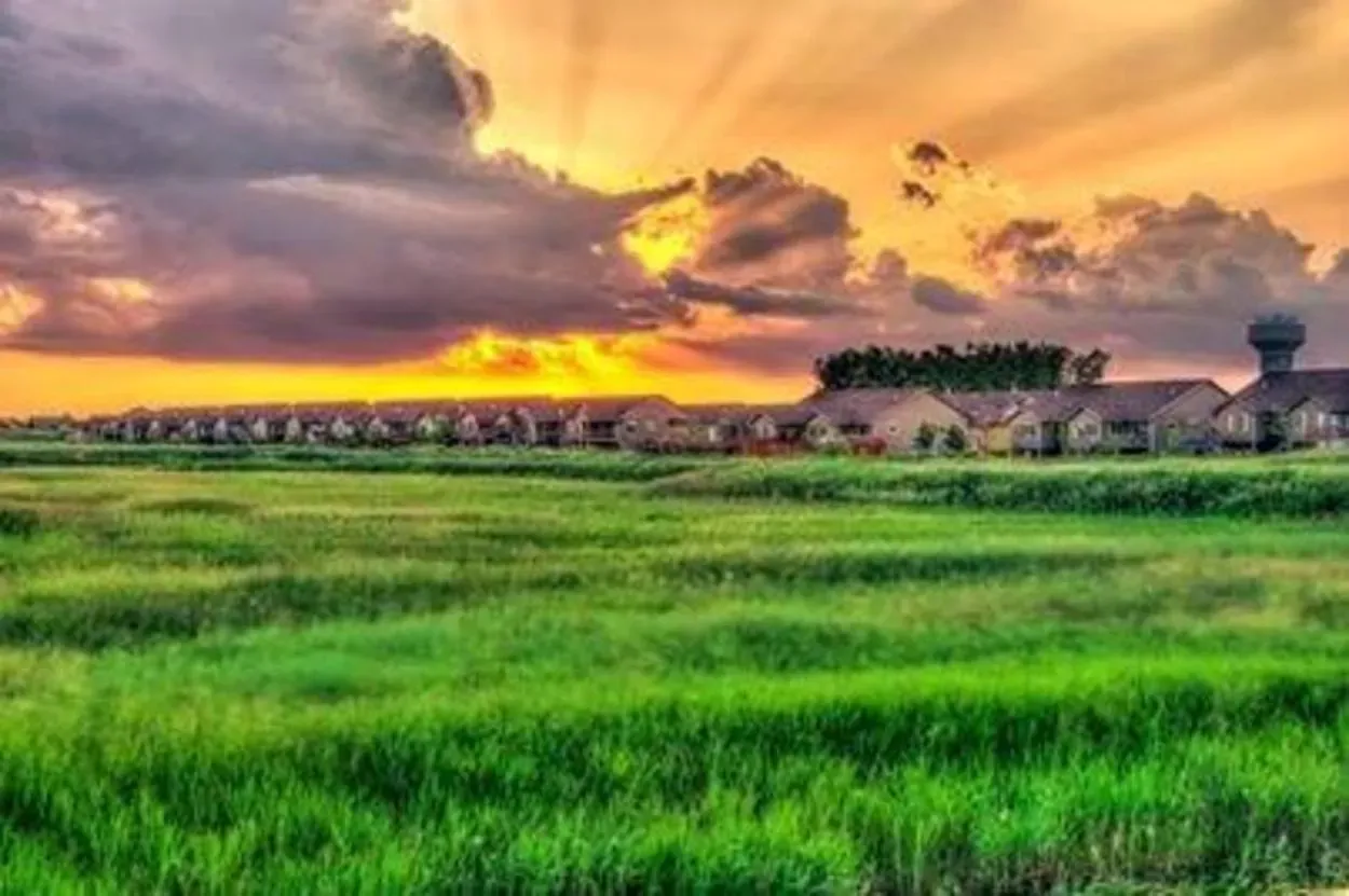 Sunset over a green field and a row of houses; sunbeams through clouds.