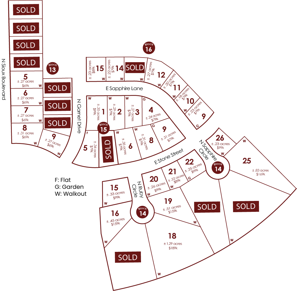 A real estate map of a residential area with various lot numbers and some marked 