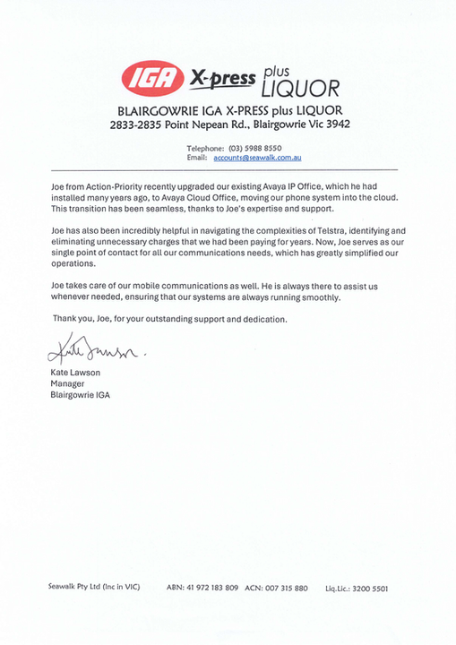 Letterhead from IGA X-press plus Liquor, Blairgowrie, with text regarding an overcharged transaction.