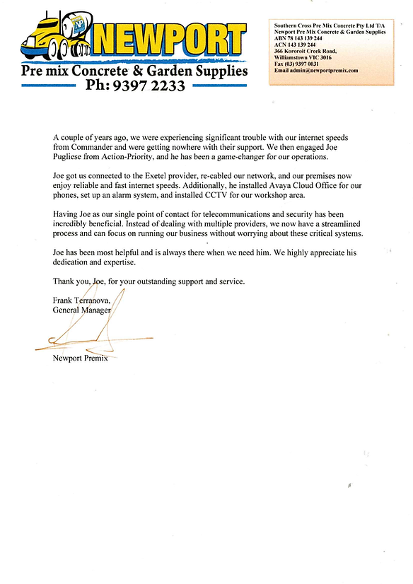 A letterhead from Newport, a pre-mix concrete and garden supplies company.