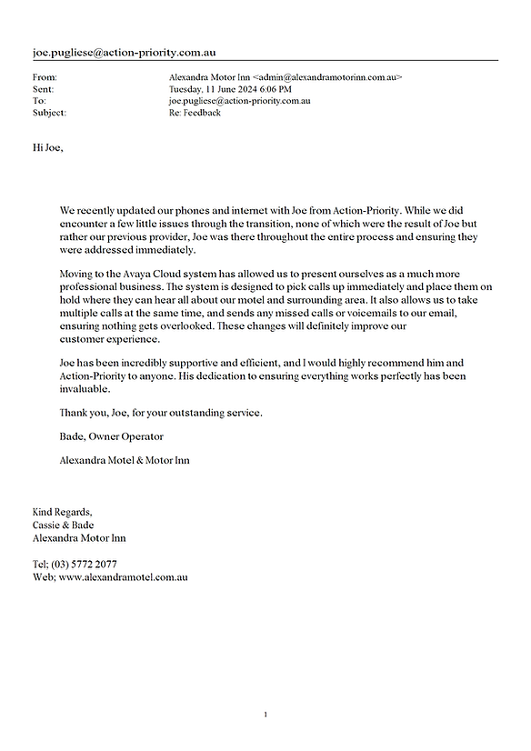 Email with a testimonial from 