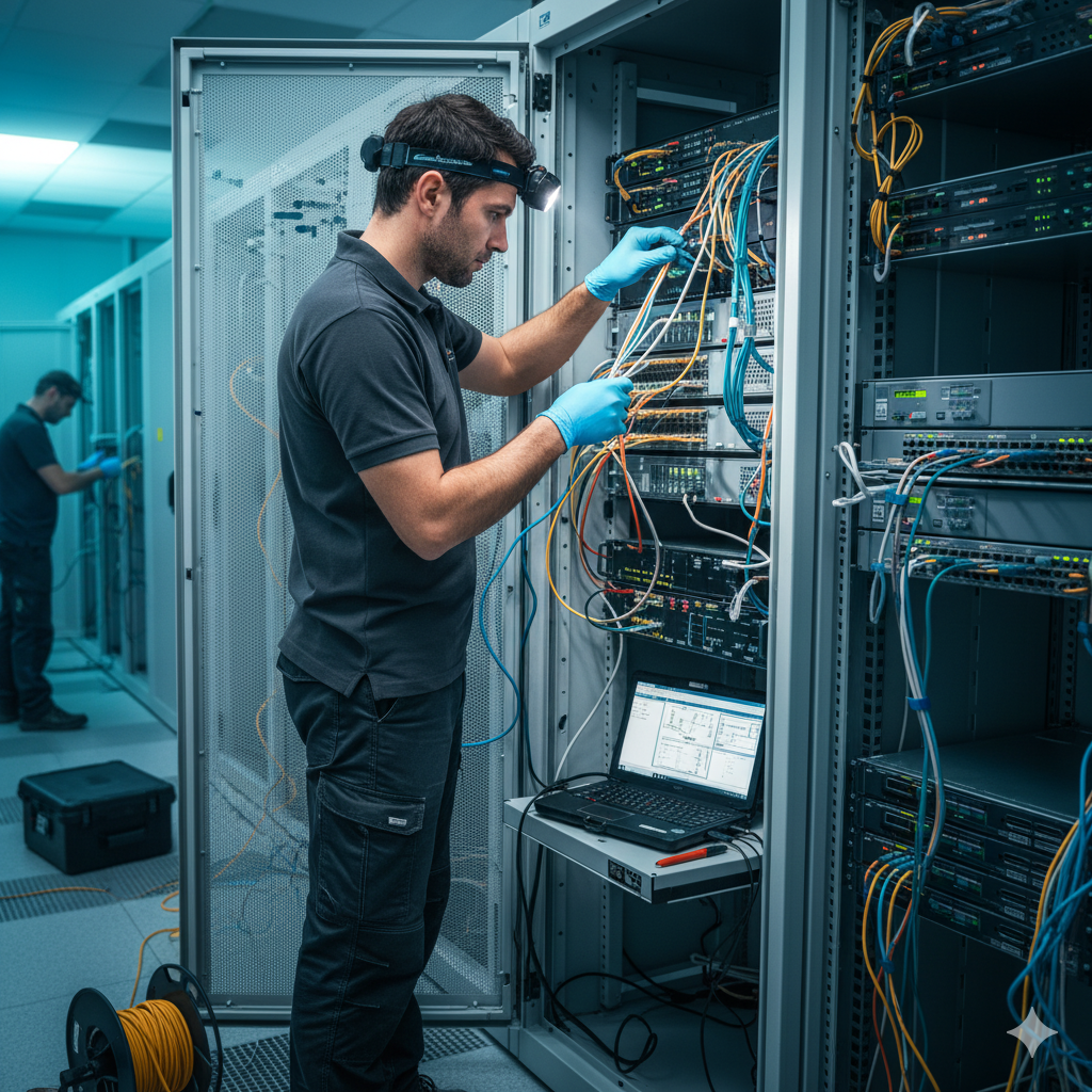 Close-up of server rack with blue and yellow network cables plugged into ports, some with lights on.