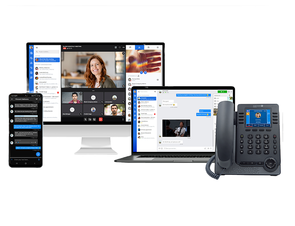 Black office telephone on a white desk, with cityscape visible in the background.