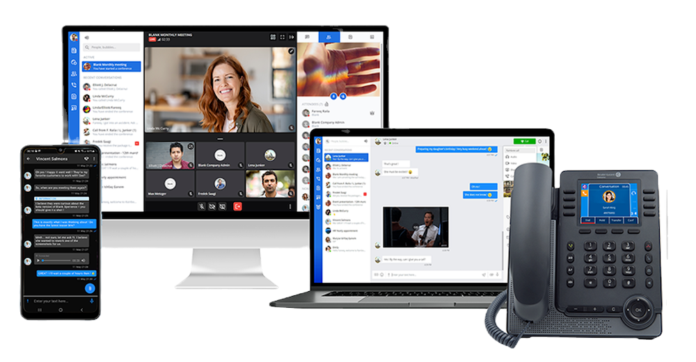 Black office telephone on a white desk, with cityscape visible in the background.